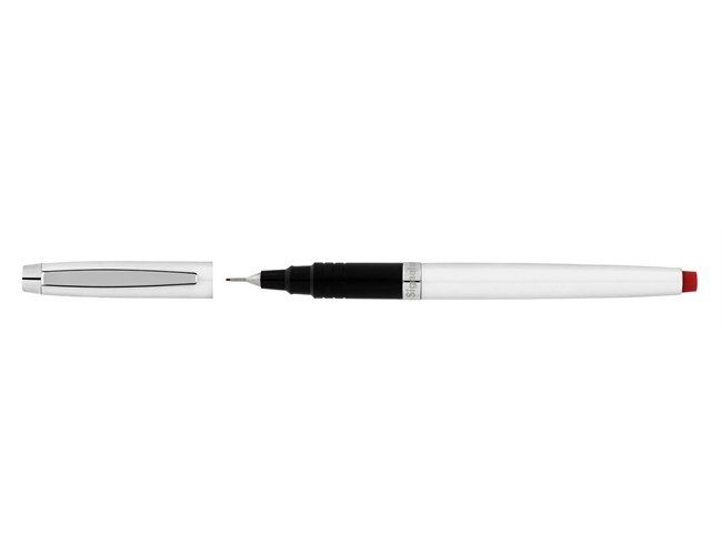 Artline Signature Pearl fine pen with the cap removed beside it, white barrel, red end cap and fine tip