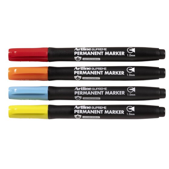 Assorted Artline Supreme Permanent Markers from the 4 pack laid side by side