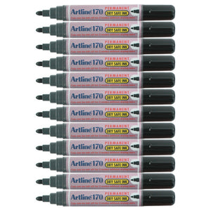 Rows of black Artline 170 permanent markers, barrels printed Dry Safe Ink