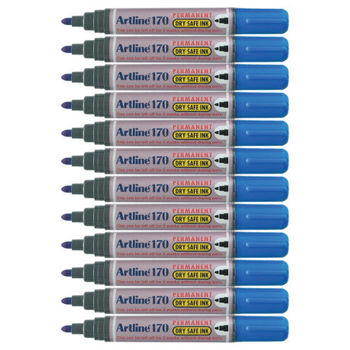 Artline 170 Dry Safe Permanent Marker 2mm Bullet Nib Blue Box of 12