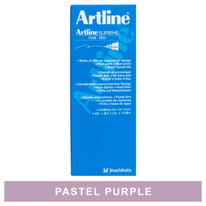 Front of an Artline Supreme Fine Pen 0.4mm box of 12, with an added colour strip below reading PASTEL PURPLE