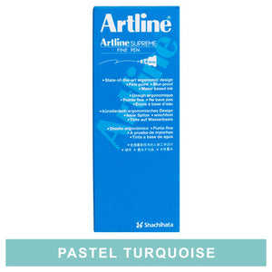 Front of an Artline Supreme Fine Pen 0.4mm box of 12, with an added colour strip below reading PASTEL TURQUOISE