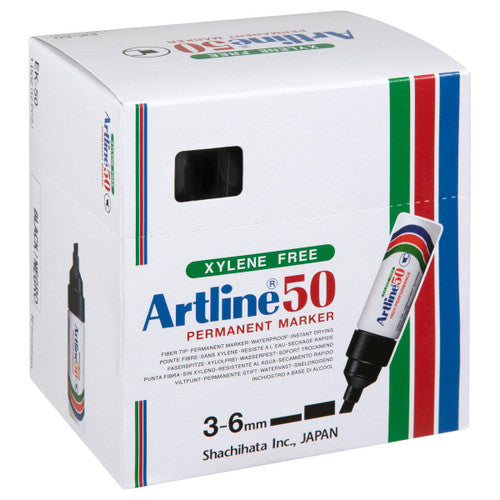 Artline 50 Permanent Marker 6mm Chisel Nib Black Box 12