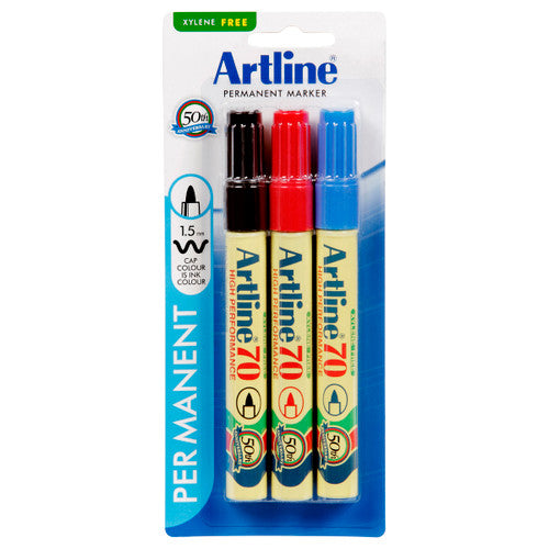 Artline 70 Permanent Marker 3PK Assorted Hangsell Pack of 6