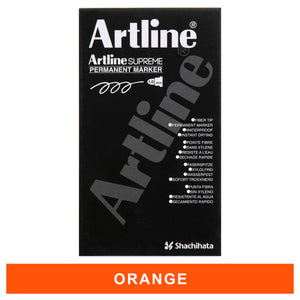 Black Artline Supreme Permanent Marker box, front view, with an orange colour label beneath it