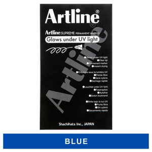 Front of a black Artline Supreme Glow box printed Glows under UV light, over a colour band labelled Blue