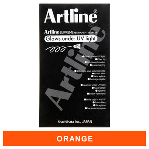 Front of a black Artline Supreme Glow box printed Glows under UV light, over a colour band labelled Orange