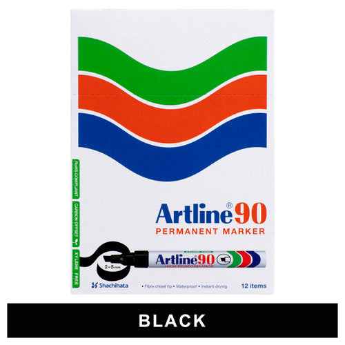 Artline 90 permanent marker 5mm chisel nib black box of 12 bulk pack