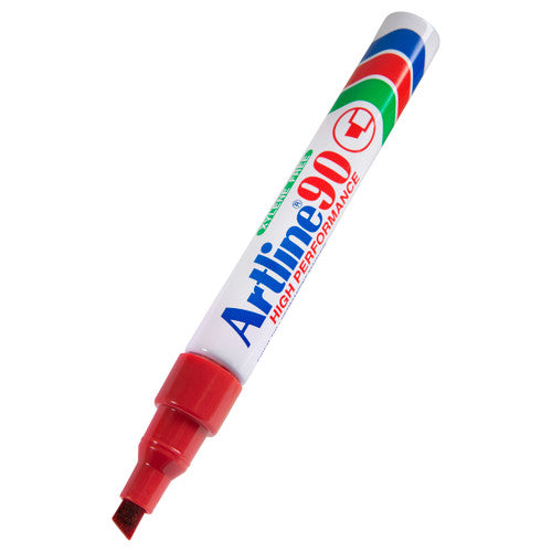Artline 90 red permanent marker aluminium barrel and chisel nib close up