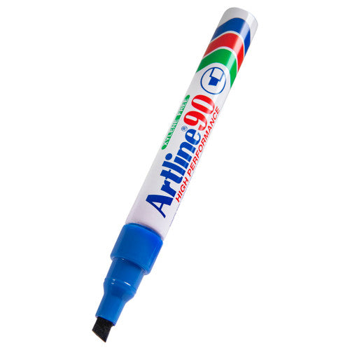 Artline 90 blue permanent marker aluminium barrel and chisel nib close up