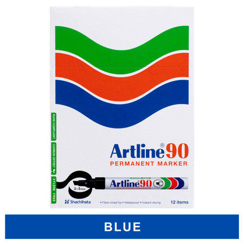 Artline 90 blue permanent marker 5mm chisel nib box of 12 bulk pack for office use