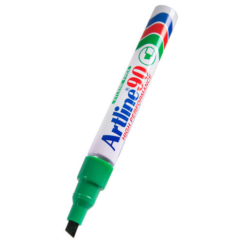 Artline 90 green permanent marker aluminium barrel and chisel nib close up