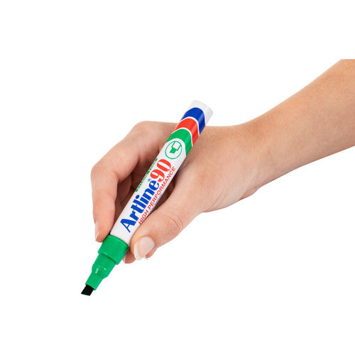 Artline 90 green permanent marker confirming received stock in warehouse environment