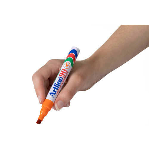 Artline 90 orange permanent marker used for caution and hazard marking on warehouse surface