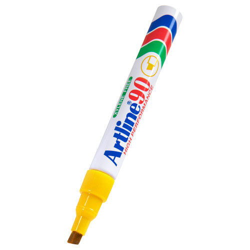 Artline 90 yellow permanent marker aluminium barrel and chisel nib detail