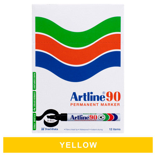 Artline 90 yellow permanent marker 5mm chisel nib box of 12 for highlighting and caution marking