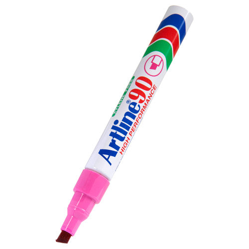 Artline 90 pink permanent marker aluminium barrel and chisel nib close up