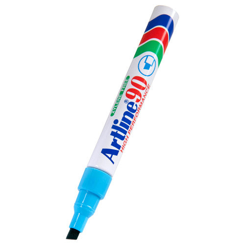 Artline 90 light blue permanent marker aluminium barrel and chisel nib close up