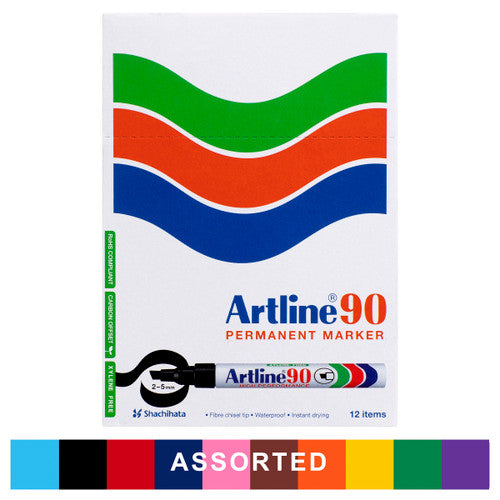 Artline 90 assorted permanent markers 5mm chisel nib box of 12 mixed colours for offices and schools