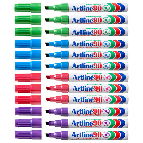 Artline 90 brights permanent markers assorted vibrant colours fanned out showing full colour range