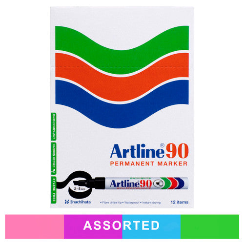Artline 90 brights permanent marker 5mm chisel nib assorted colours box of 12 for schools and art rooms
