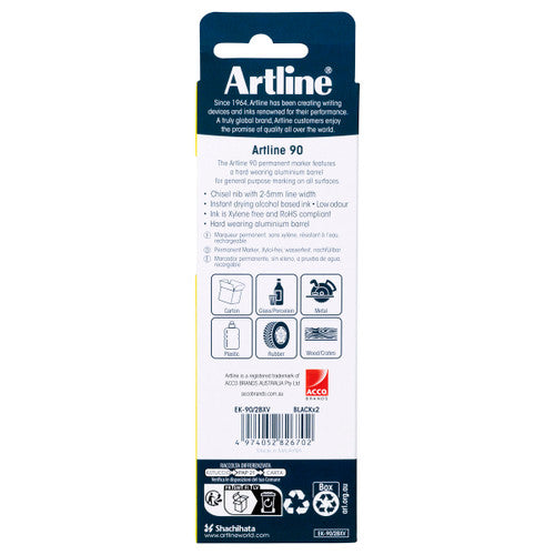 Artline 90 black permanent marker 2-pack fast drying water resistant for marking on any surface