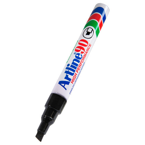 Artline 90 black marker 2-pack in use marking cardboard in warehouse or office environment