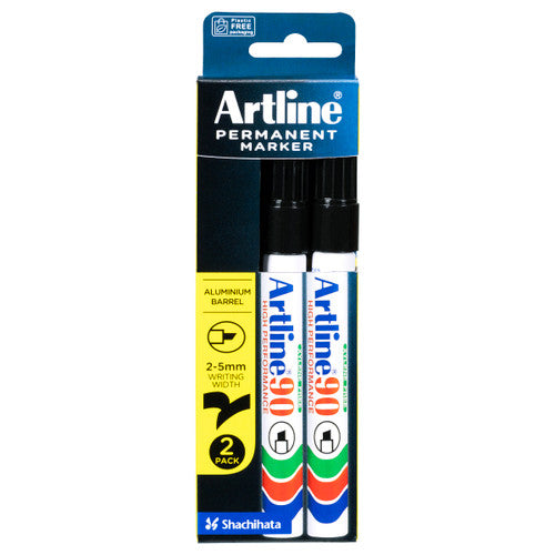 Artline 90 black permanent marker 2-pack 5mm chisel nib for office school and trade use