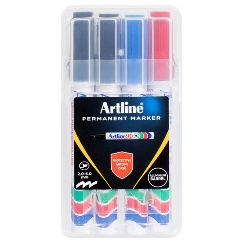 Artline 90 assorted 4PK hardcase permanent markers showing colour variety in protective case
