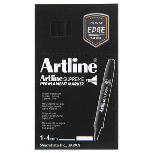 Artline Supreme Permanent Marker box printed 1-4mm with an Edge badge and black caps showing at the top