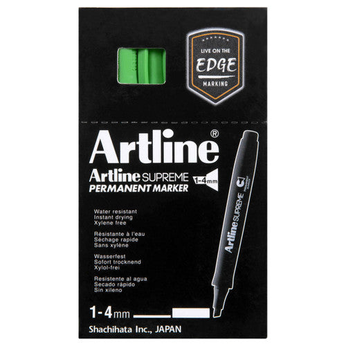 Artline Supreme Chisel Permanent Marker 1-4mm Green Box of 12