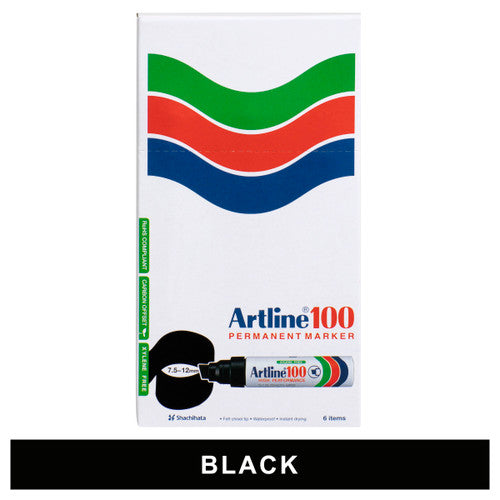 Artline 100 Permanent Marker 12mm Chisel Nib Black Box of 6