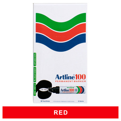 Artline 100 Permanent Marker 12mm Chisel Nib Red Box 6