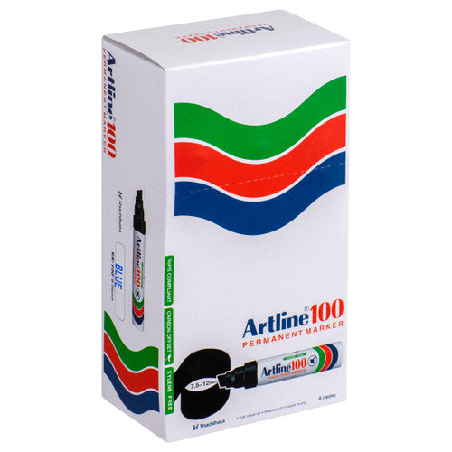 Artline 100 Permanent Marker 12mm Chisel Nib Blue Box of 6