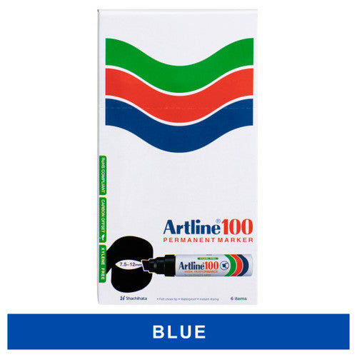 Artline 100 Permanent Marker 12mm Chisel Nib Blue Box of 6