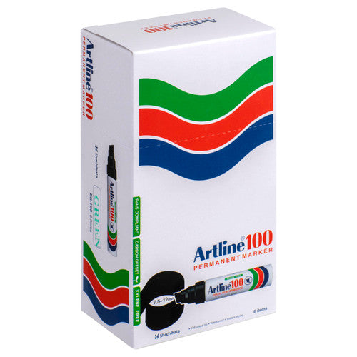 Artline 100 Permanent Marker 12mm Chisel Nib Green Box of 6