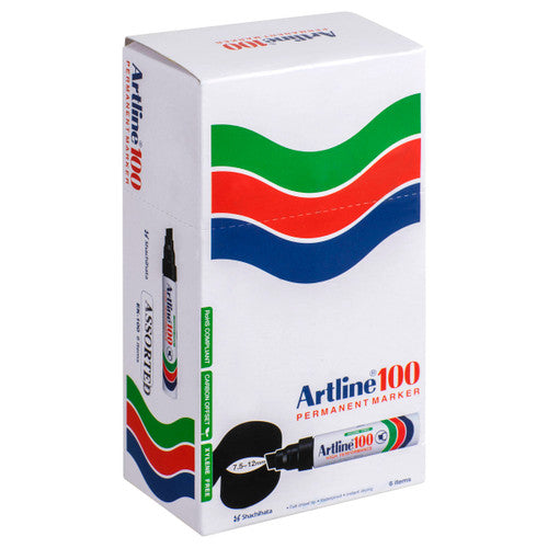 Artline 100 Permanent Marker 12mm Chisel Nib Assorted Box 6