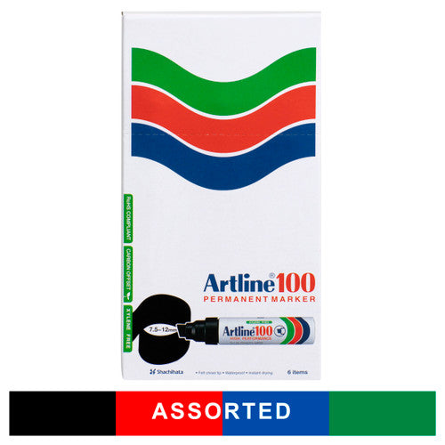 Artline 100 Permanent Marker 12mm Chisel Nib Assorted Box 6