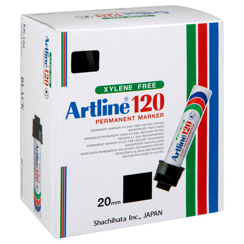 Artline 120 Permanent Marker 20mm Chisel Nib Black Box 6