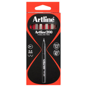 Artline 200 Fineline Pen box, front view, red pens in the window