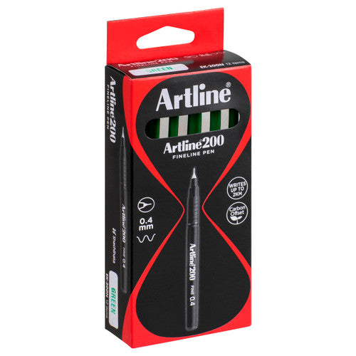 Artline 200 Fineliner Pen 0.4mm Green Box of 12