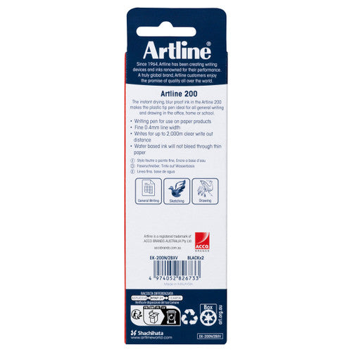 Artline 200 Fineliner Pen 0.4mm Black Pack of 2
