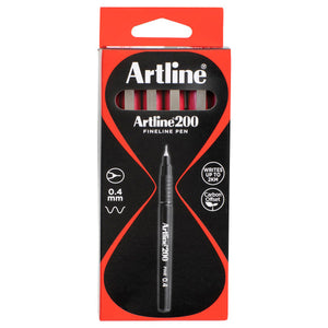 Artline 200 Fineline Pen box, front view with a window showing red pens