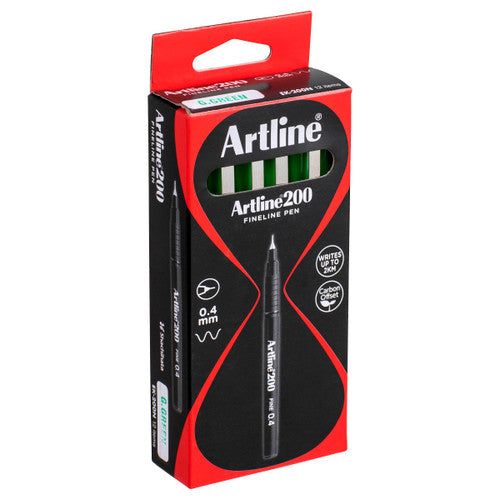 Artline 200 Bright Fineliner Pen 0.4mm Green Box of 12