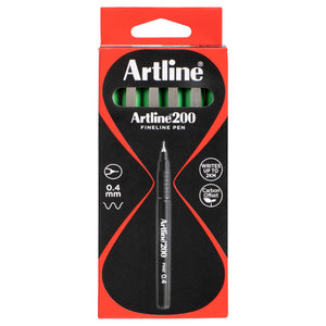 Artline 200 Fineline Pen box with green pens showing through the front window