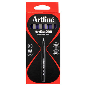 Artline 200 Fineline Pen box with purple pens visible in the window