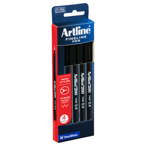 Artline 200 Fineliner Pen 0.4mm Black Pack of 4