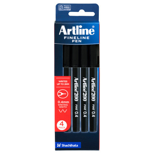 Artline 200 Fineliner Pen 0.4mm Black Pack of 4