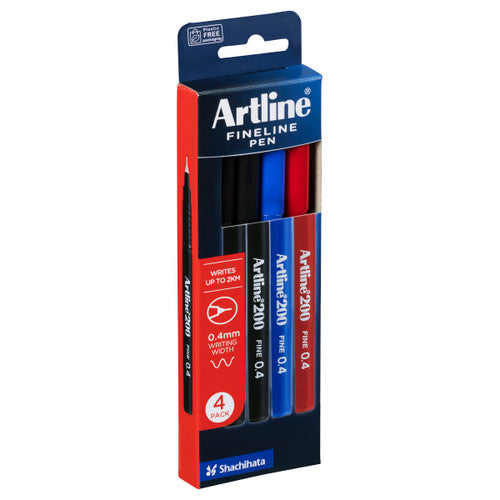 Artline 200 Fineliner Pen 0.4mm Assorted Colours Pack of 4