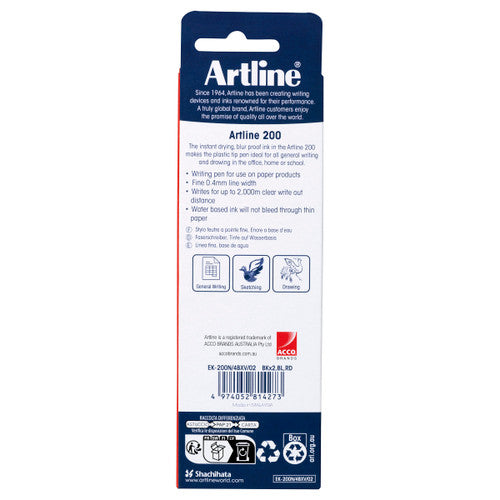 Artline 200 Fineliner Pen 0.4mm Assorted Colours Pack of 4